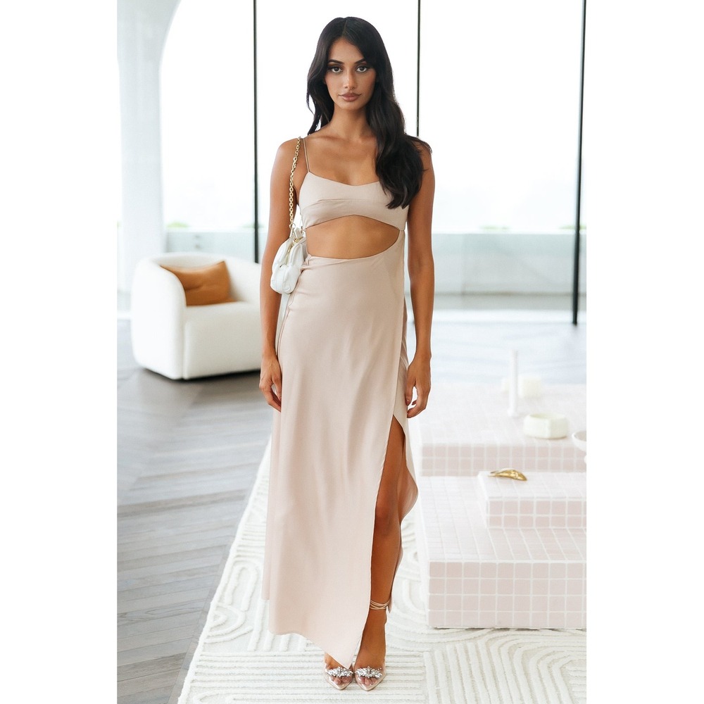 Hello Molly Champagne Satin Cutout Maxi Dress Beige US 4